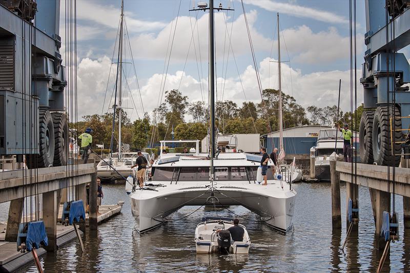 Evening Star splashes ahead of her commissioning photo copyright Mahi Boats taken at  and featuring the Catamaran class