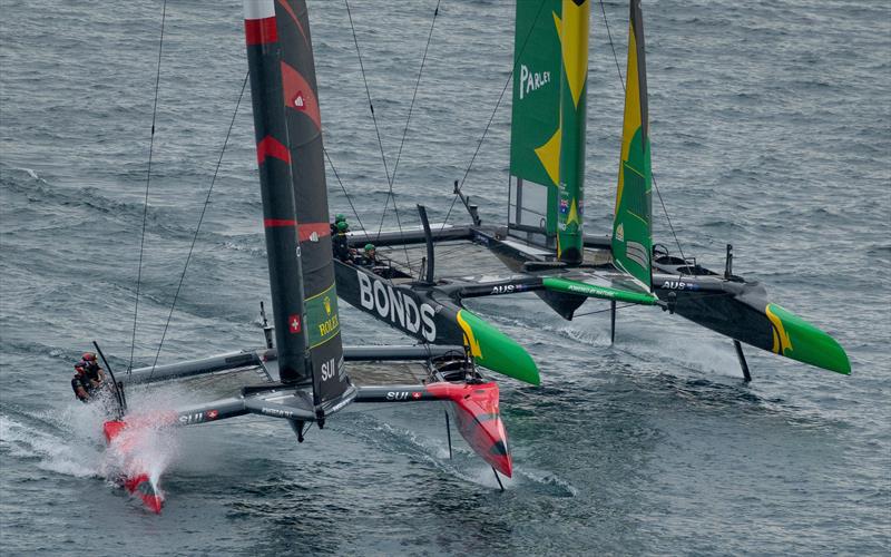 Switzerland and Australian SailGP teams foil with the new light air rudder foils - Rolex SailGP Geneva - September 21, 2025 - photo © Samo Vidic/SailGP