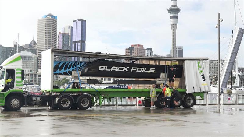 Black Foils' F50 Amokura arrives in Auckland for the completion of repairs at C-Tech - February 4, 2026 photo copyright Woody Lynskey/SailGP taken at Royal New Zealand Yacht Squadron and featuring the F50 class