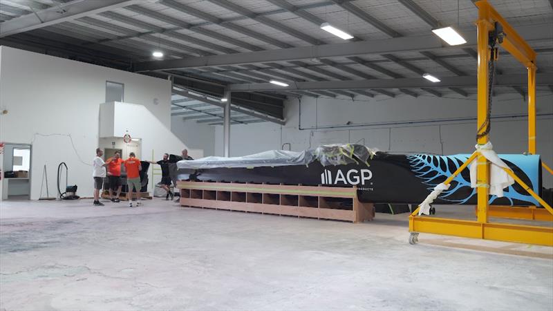 Black Foils' F50 Amokura awaits repair at C-Tech - February 4, 2026 photo copyright Woody Lynskey/SailGP taken at Royal New Zealand Yacht Squadron and featuring the F50 class