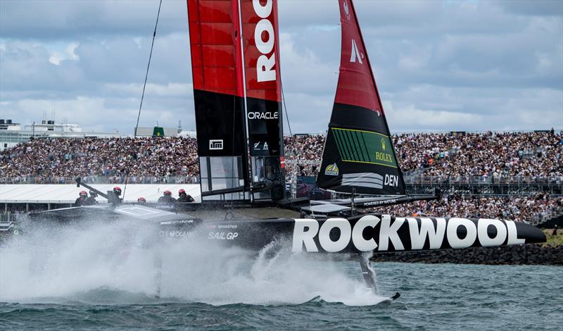 ROCKWOOL Denmark SailGP Team helmed by Nicolai Sehested in action in front of the grandstand on Race Day 2 of The Rolex SailGP 2025 Championship ITM New Zealand Sail Grand Prix in Auckland, New Zealand - photo © Ricardo Pinto for SailGP