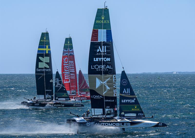 DS Automobiles SailGP Team France helmed by Quentin Delapierre leading Emirates Great Britain SailGP Team helmed by Dylan Fletcher who are ahead of Artemis SailGP Team helmed by Nathan Outteridge, on Race Day 2 of the Oracle Perth Sail Grand Prix - photo © James Gourley for SailGP