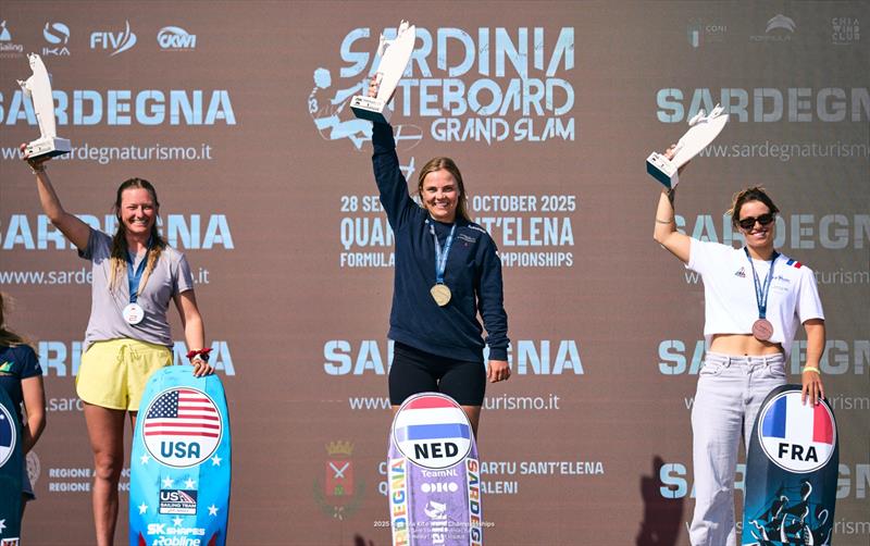 Women's podium - Moroz (bronze), Kampman (gold), Nolot (silver) - 2025 Formula Kite Worlds Quartu Sant'Elena - photo © IKA Media / Robert Hajduk