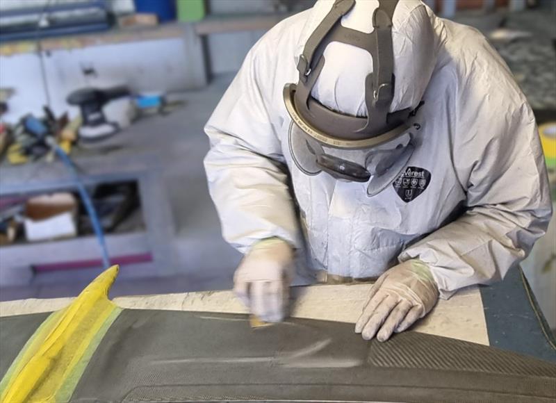 Finishing the leading edge of the F50 rudder elevator - Mackay Boats - September 2025 - photo © Mackay Boats