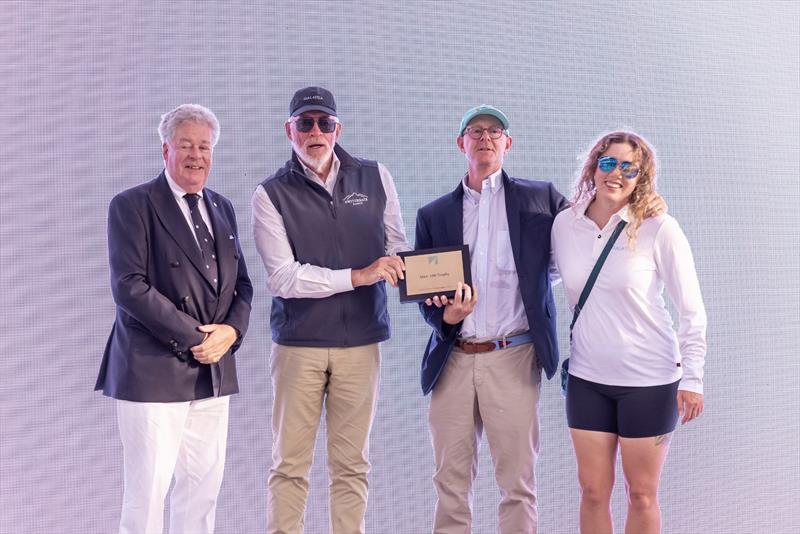 Left to right: IMA Secretary General Andrew McIrvine with Galateia's owner David M Leuschen and Chris Flowers and daughter and keen helm Lizz Flowers - photo © IMA / Studio Borlenghi