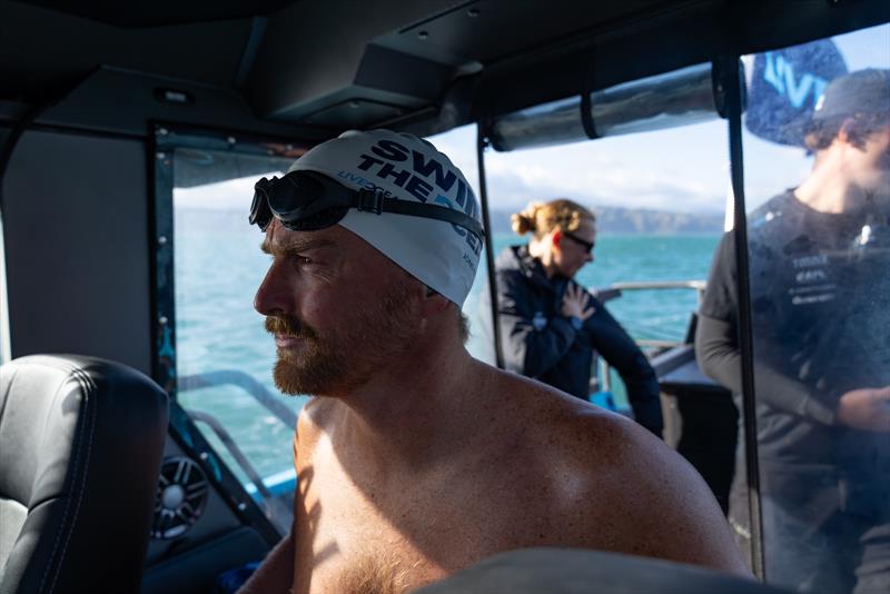 Jono Ridler before completing his 1367km swim - Wellington - April 4, 2026 photo copyright Joshua Mccormack/LiveOcean taken at Royal Port Nicholson Yacht Club and featuring the  class