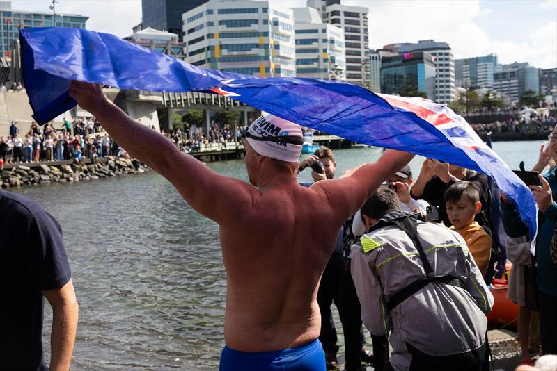 Jono Ridler celebrates completing his 1367km swim - Wellington - April 4, 2026 photo copyright Joshua Mccormack/LiveOcean taken at Royal Port Nicholson Yacht Club and featuring the  class